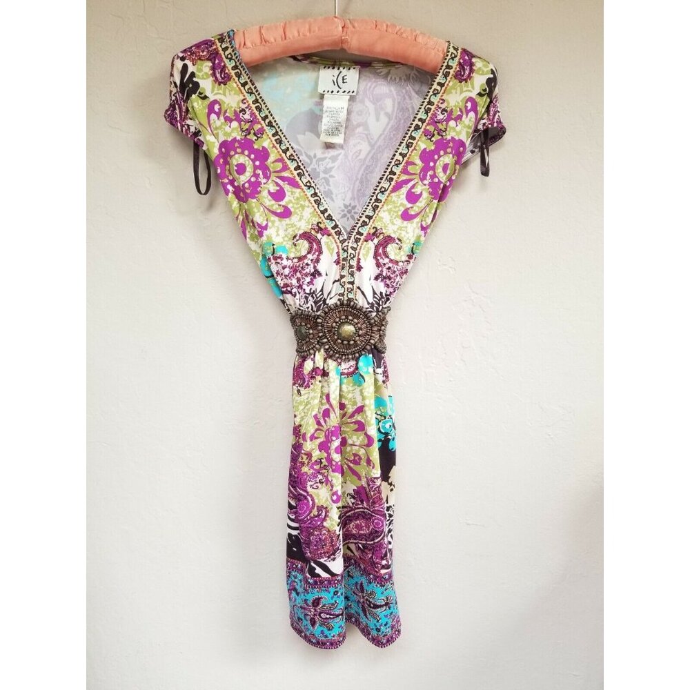 ICE Medium V-Neck Paisley Print Beaded Belted Sleeveless Boho Dress Multicolor